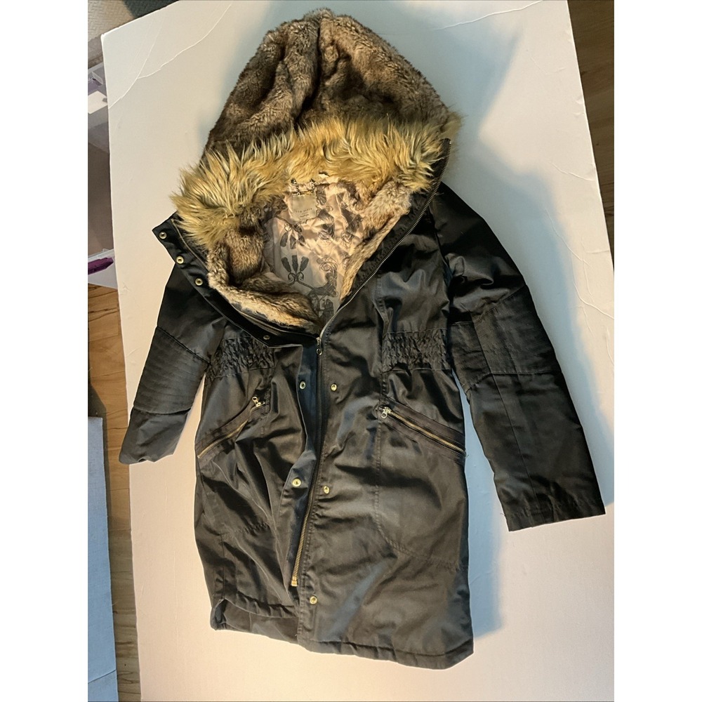 Ted Baker London Faux Fur Hood Parka Coat Women's Size 4 Black